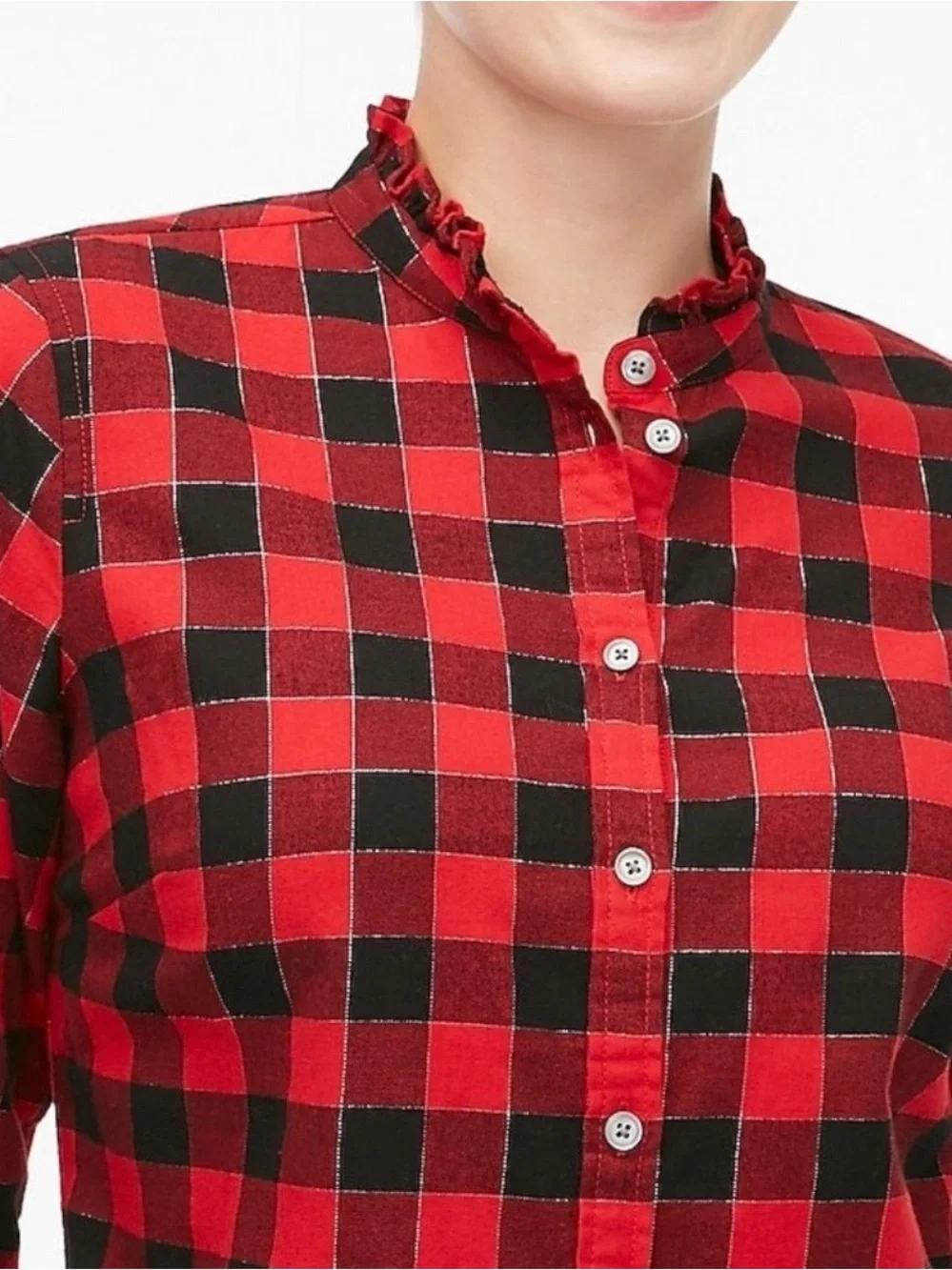 J. Crew Women’s Button Front Flannel Top with Ruffled Collar Red/Black Large
